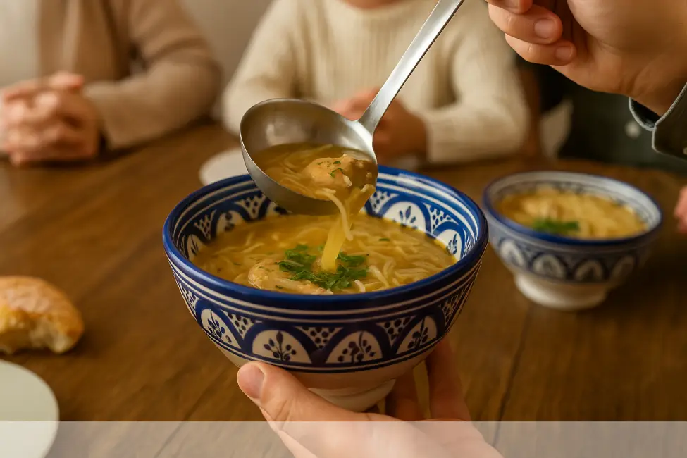 A bowl of Moroccan chicken soup being served at a family meal without visible faces