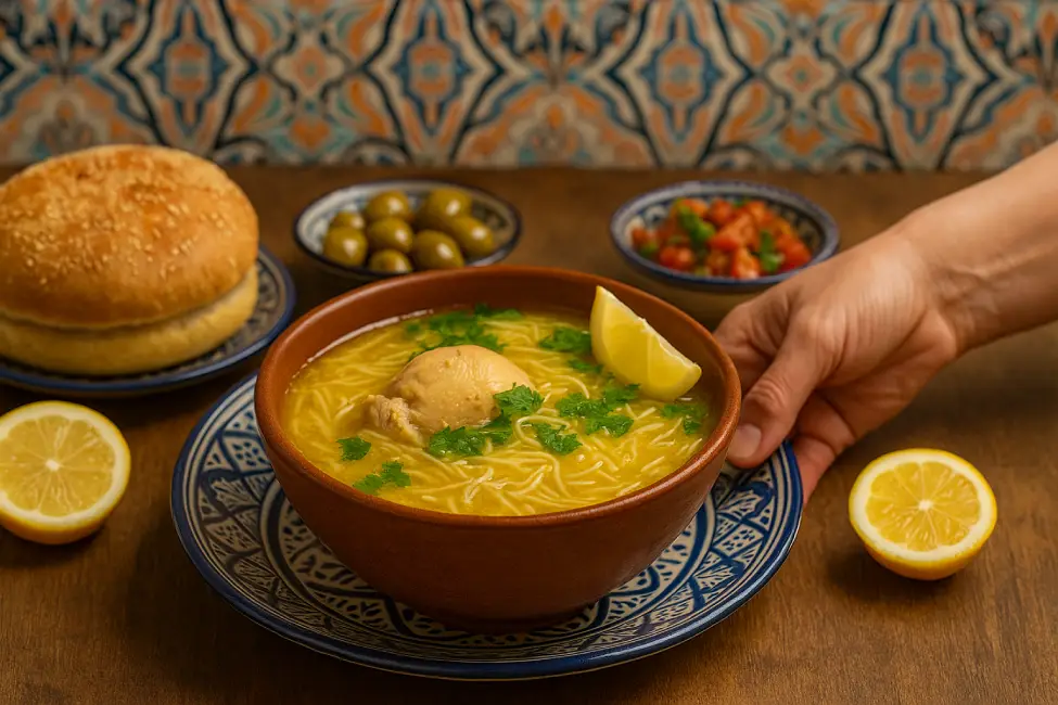 Moroccan chicken soup. A Moroccan table set with chicken soup, khobz bread, olives, and traditional side dishes