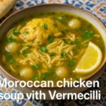 A steaming bowl of traditional Moroccan chicken soup with vermicelli, garnished with herbs and served in a Moroccan-style bowl.