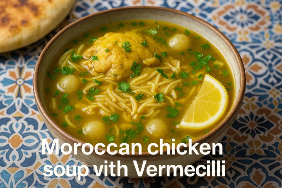 A steaming bowl of traditional Moroccan chicken soup with vermicelli, garnished with herbs and served in a Moroccan-style bowl.