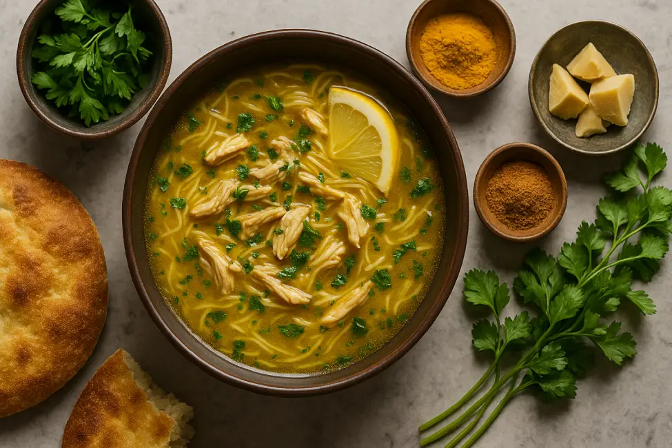 Top-down view of a vibrant bowl of Moroccan chicken soup with vermicelli, garnished with fresh herbs and surrounded by saffron, cinnamon, and parsley on a rustic table.