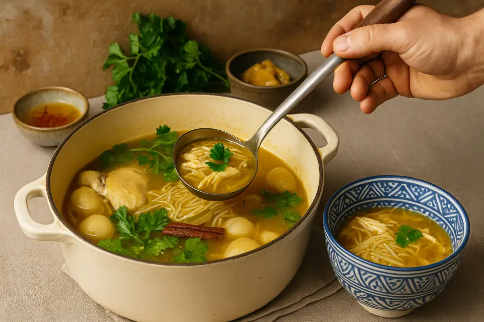 A Moroccan cook preparing chicken soup with vermicelli in a pot, showcasing the step-by-step cooking process