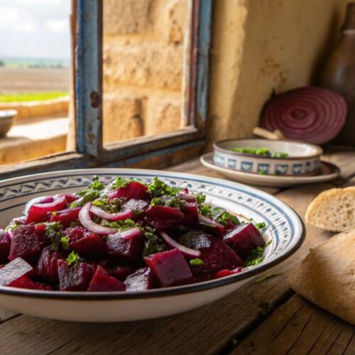 A bowl of vibrant Moroccan beet salad with chopped herbs and onions, served next to bread in a rustic setting.