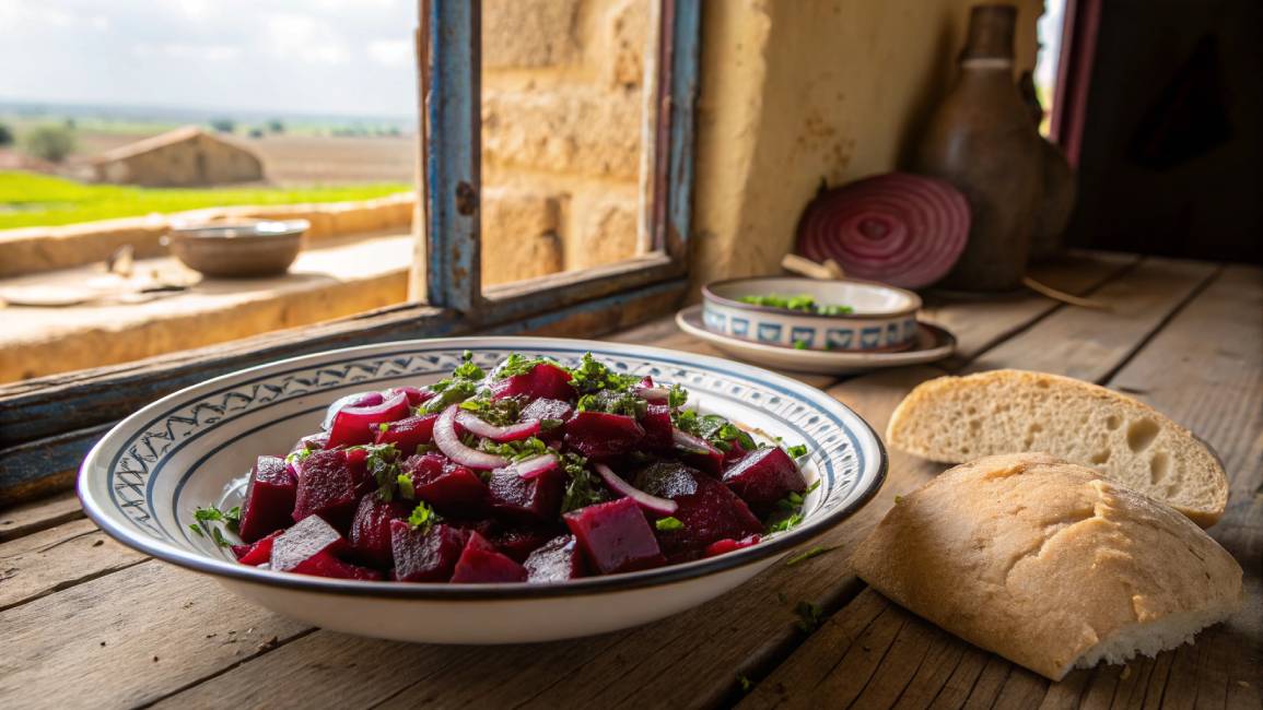A bowl of vibrant Moroccan beet salad with chopped herbs and onions, served next to bread in a rustic setting.