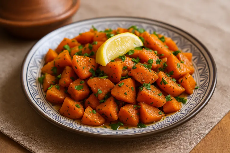 Moroccan carrot salad served on a traditional plate, garnished with parsley and lemon, showcasing vibrant colors and textures