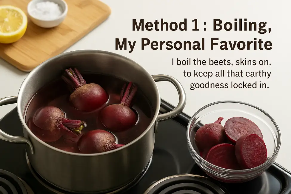 Whole beets boiling in a stainless steel pot on a stovetop, with sliced beets in a glass bowl ready for Moroccan beet salad