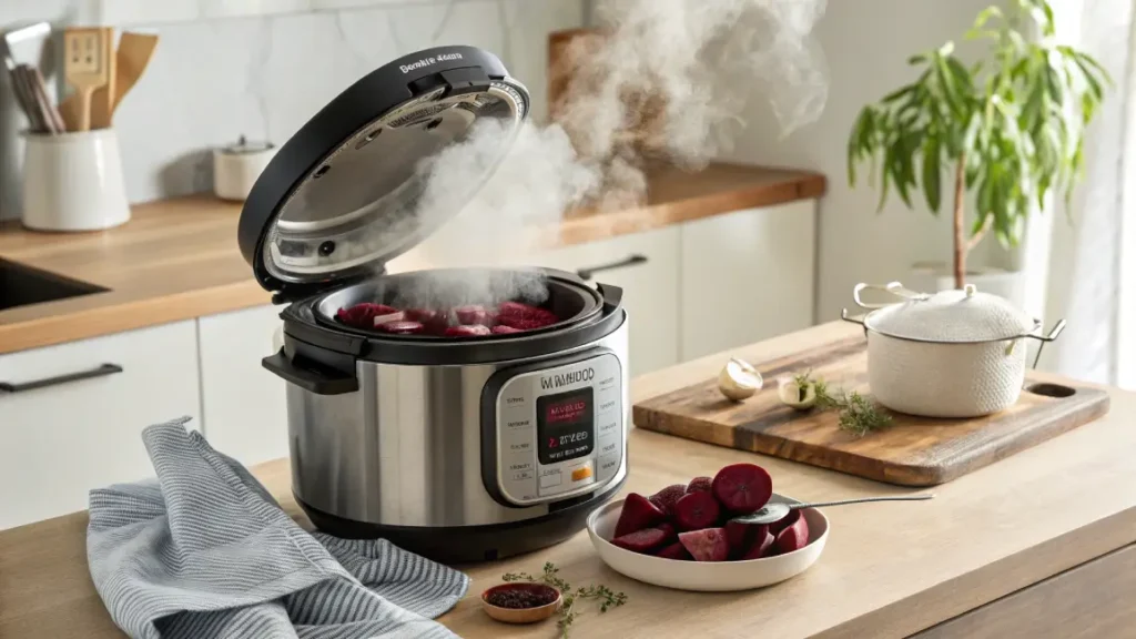 Fresh beets steaming inside an Instant Pot, prepared for Moroccan beet salad