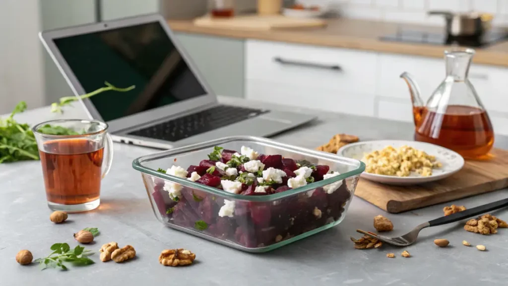 Glass container with Moroccan beet salad topped with crumbled feta, walnuts, and greens, laptop and drink in the background