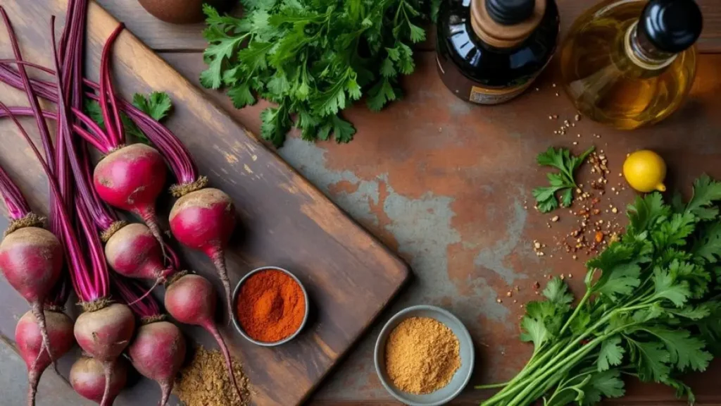 Overhead view of raw beets, spices, olive oil, parsley, and lemon laid out on a kitchen counter for Moroccan beet salad