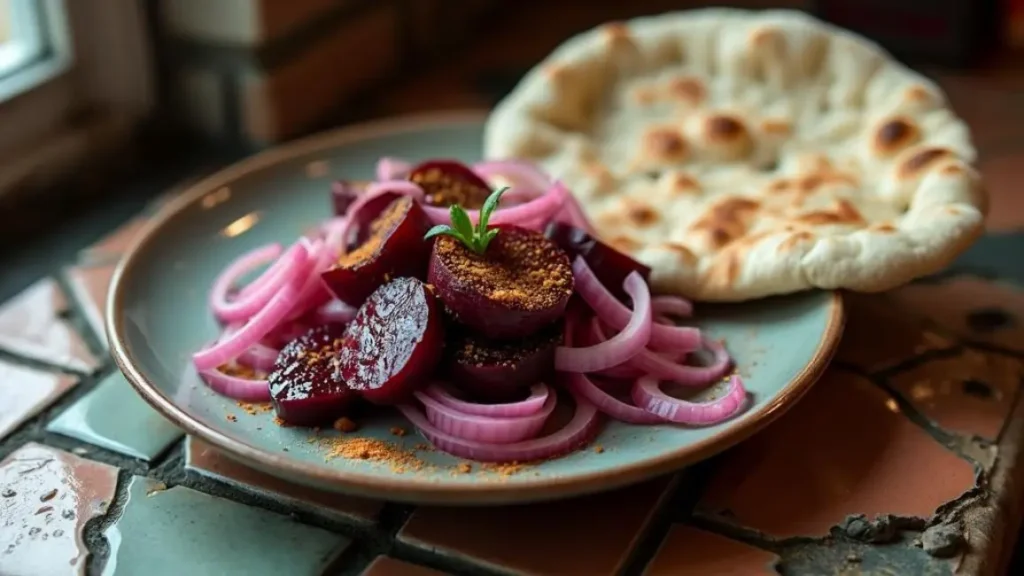 Moroccan beet salad with cinnamon and sliced onions, served with bread on a plate.