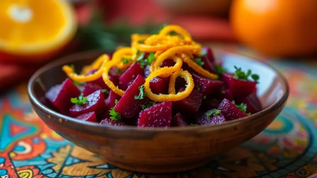 A vibrant Moroccan beet salad garnished with fresh orange zest and parsley in a wooden bowl.