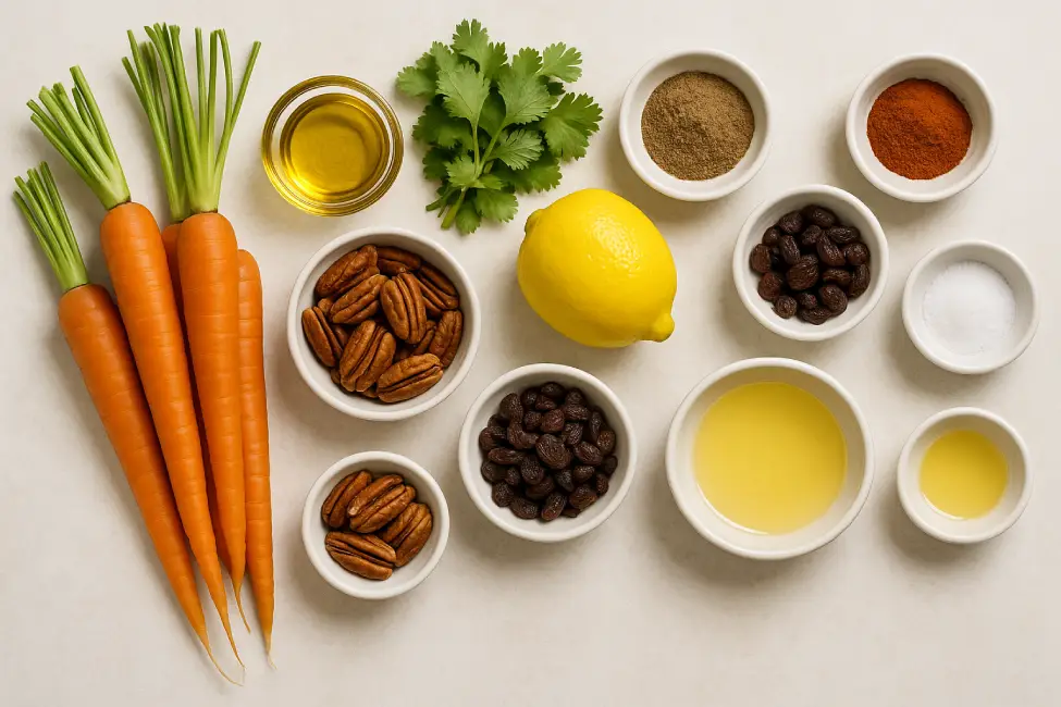Overhead photo of fresh ingredients for Moroccan carrot salad including carrots, lemon, spices, olive oil, raisins, pecans, and cilantro