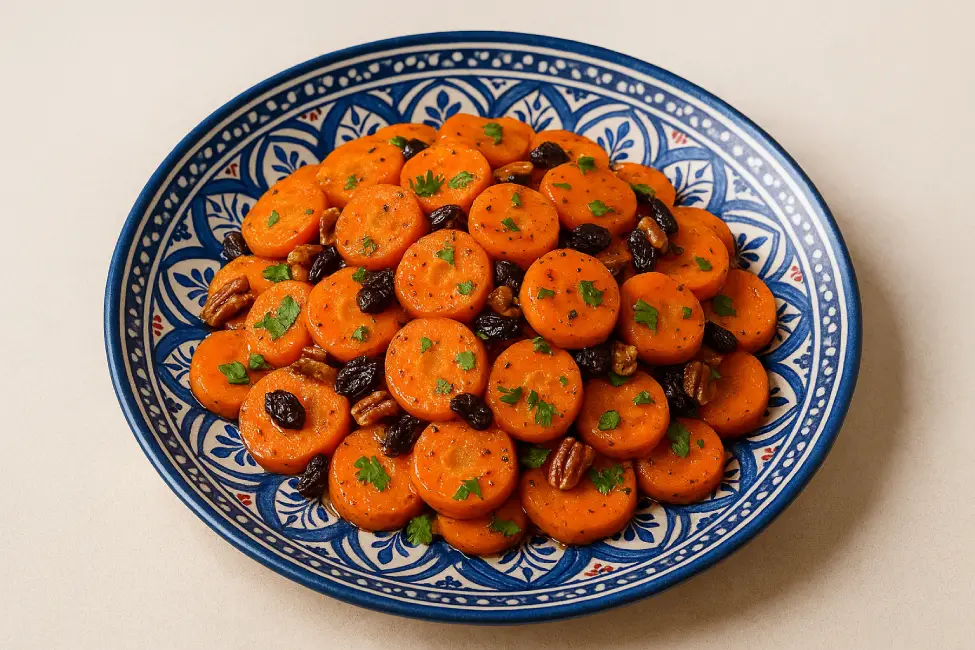Moroccan carrot salad served in a traditional blue ceramic plate, garnished with raisins, pecans, and cilantro