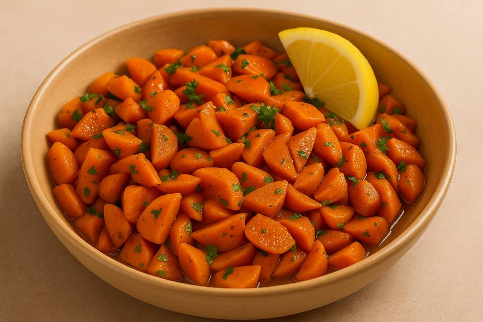 Moroccan carrot salad served in a beige bowl with a lemon wedge, featuring cooked carrots, parsley, and Moroccan spices