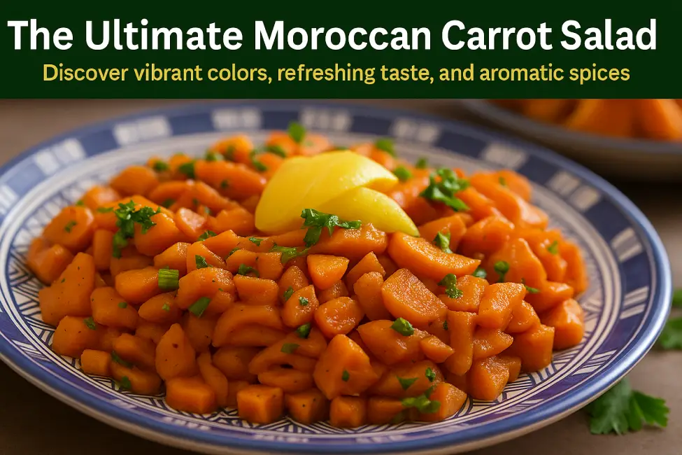 Moroccan carrot salad with fresh herbs served in a traditional Moroccan plate – a healthy and flavorful North African side dish.