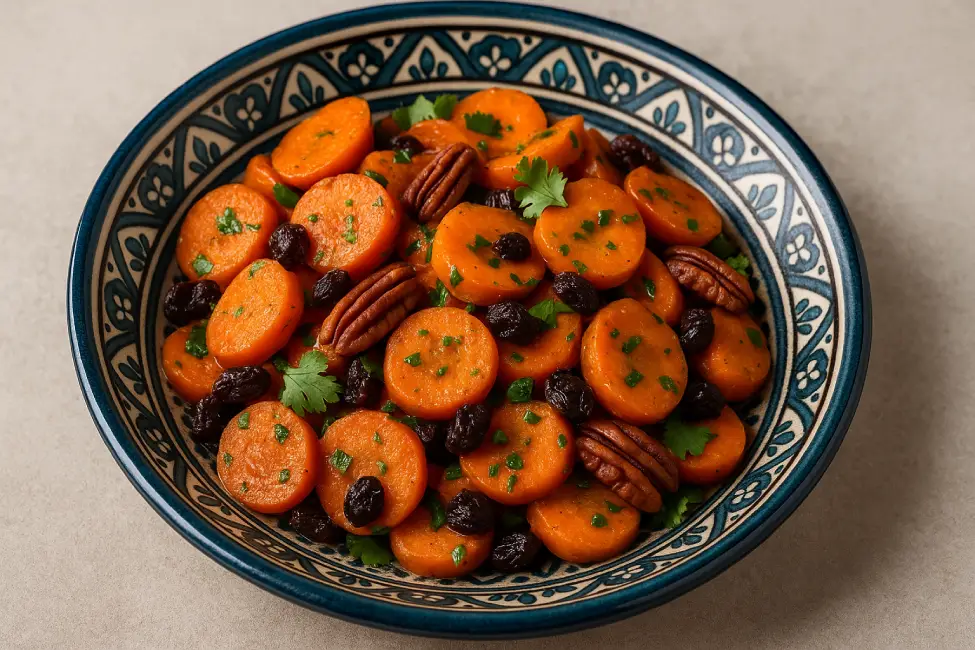 Moroccan carrot salad in a patterned blue bowl, featuring sliced carrots, raisins, pecans, and chopped cilantro
