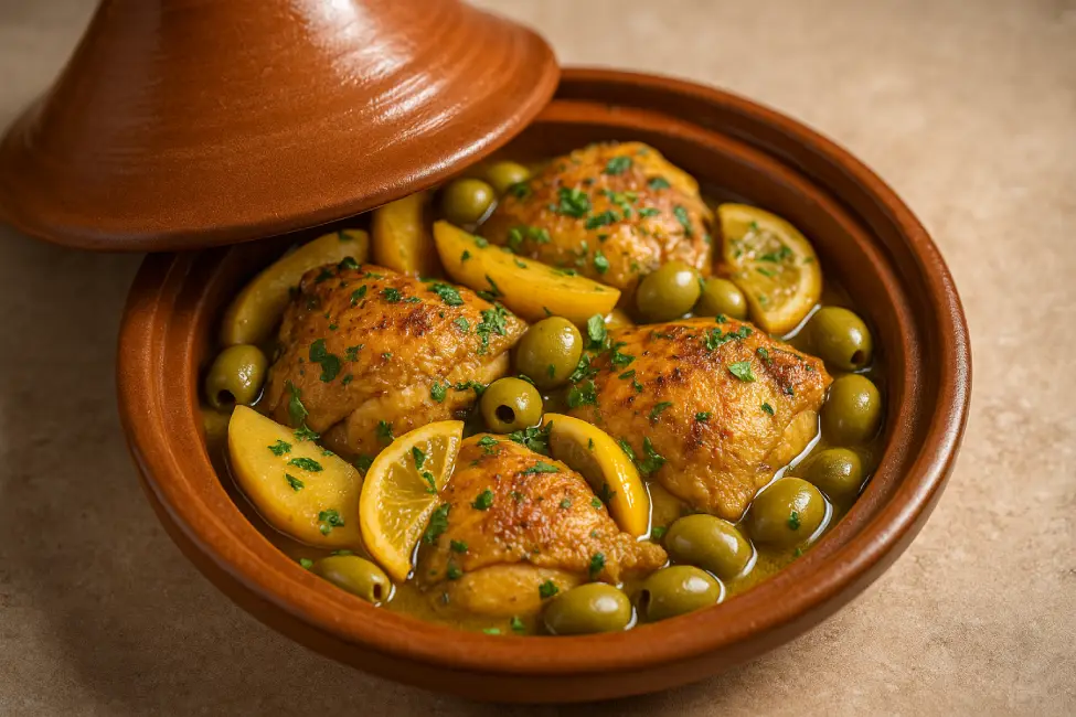Chicken tagine with potatoes, green olives, and preserved lemons representing Moroccan cuisine recipes