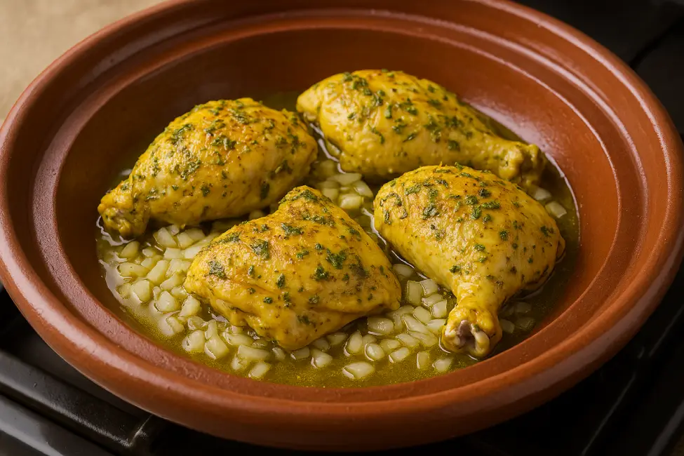 Moroccan cuisine recipes. Traditional Moroccan tagine pot on low heat with chopped onions and chicken layered inside for slow cooking