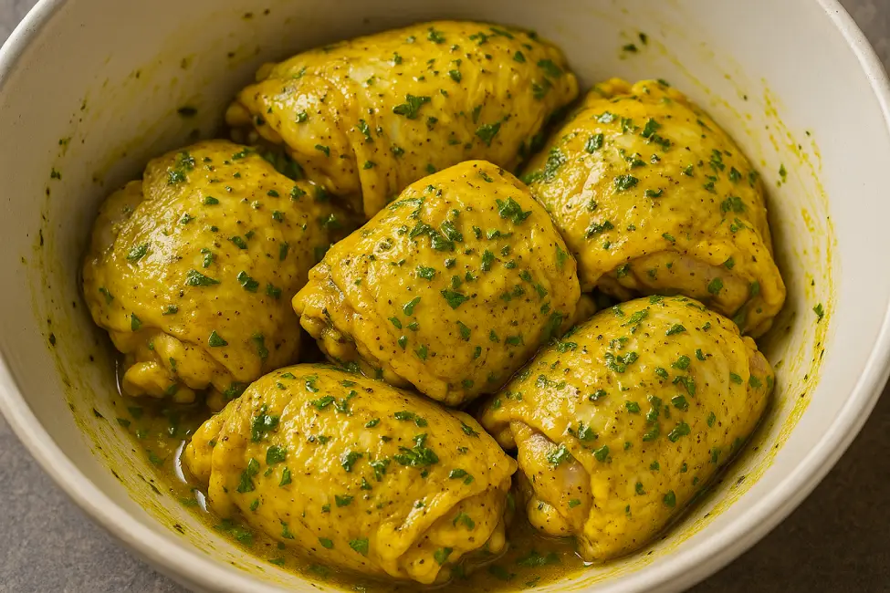 Moroccan cuisine recipes. Raw chicken pieces coated in a Moroccan-style marinade of olive oil, turmeric, ginger, garlic, pepper, and chopped herbs in a bowl