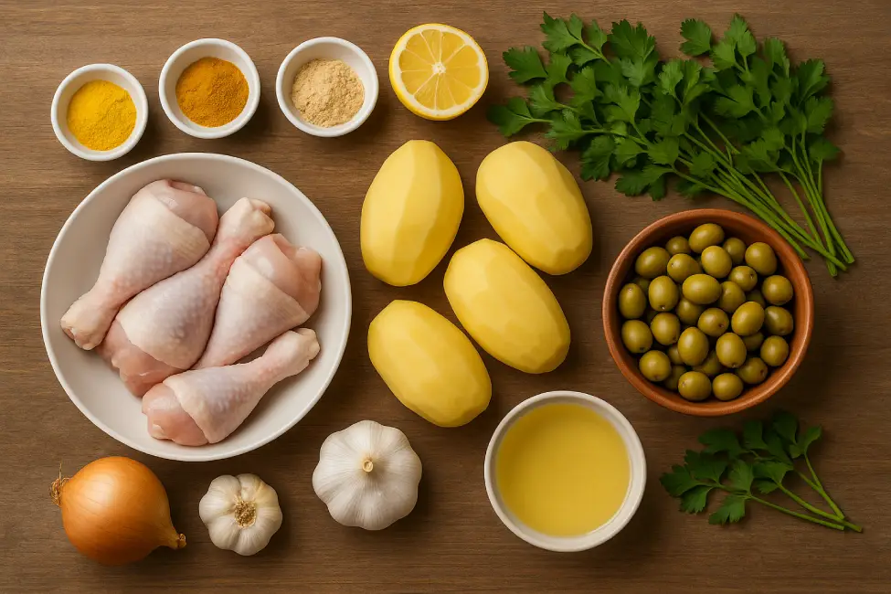 Moroccan cuisine recipes. Uncooked ingredients for Moroccan chicken tagine including raw chicken, peeled potatoes, green olives, preserved lemon, onions, garlic, and fresh herbs