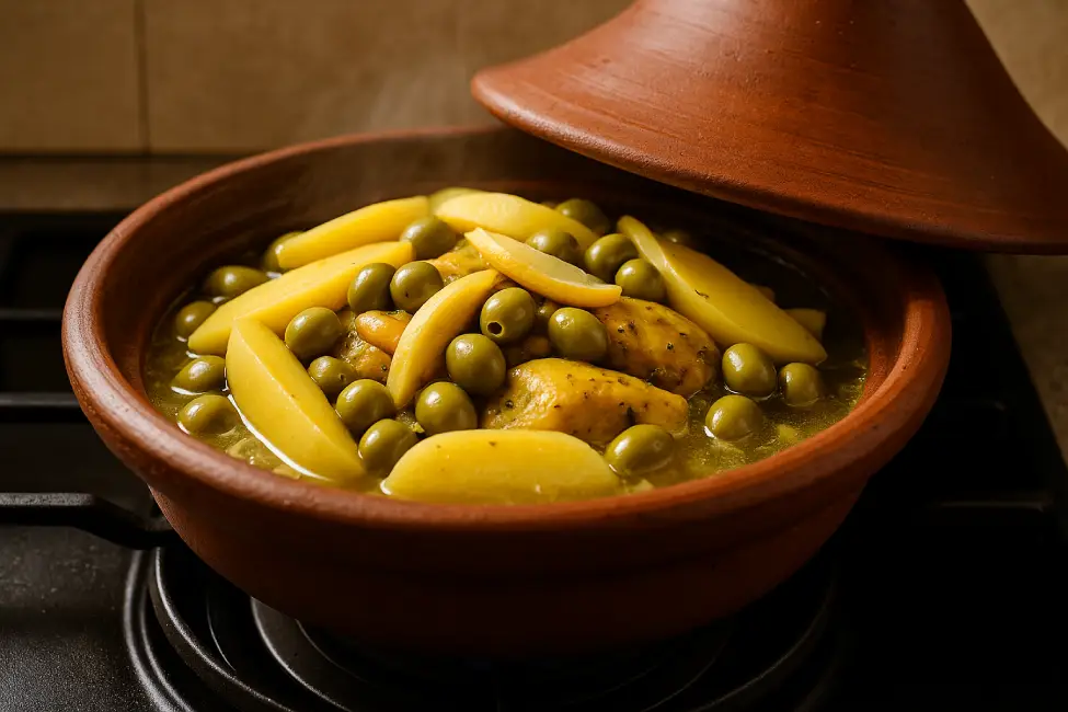 Moroccan cuisine recipes. A traditional Moroccan tagine pot simmering on low heat, filled with chicken, potatoes, green olives, and preserved lemon slices