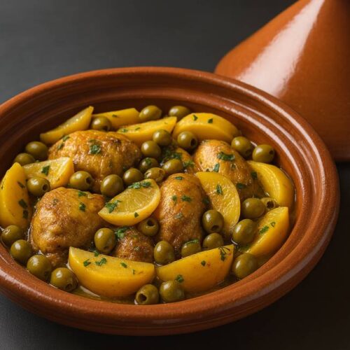 Moroccan cuisine recipes. A traditional Moroccan chicken tagine cooked with golden potatoes, green olives, and preserved lemons, served in a clay pot