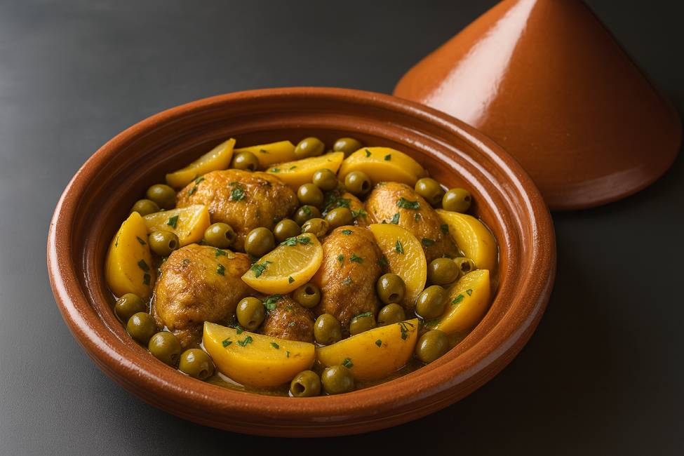 Moroccan cuisine recipes. A traditional Moroccan chicken tagine cooked with golden potatoes, green olives, and preserved lemons, served in a clay pot
