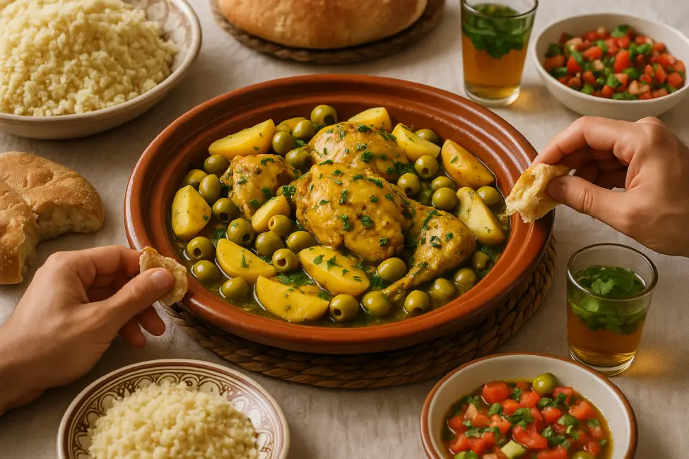 Moroccan cuisine recipes. Moroccan tagine with potatoes, olives, and preserved lemons served at the center of a family table