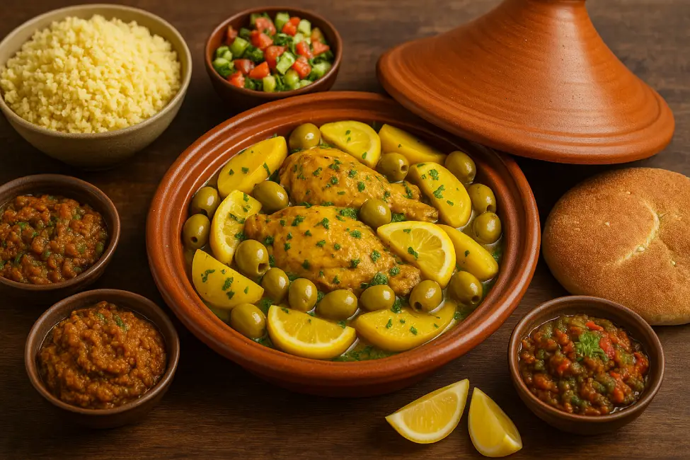 Moroccan cuisine recipes. Moroccan chicken tagine served with couscous, khobz bread, and traditional side salads like zaalouk and tomato cucumber salad