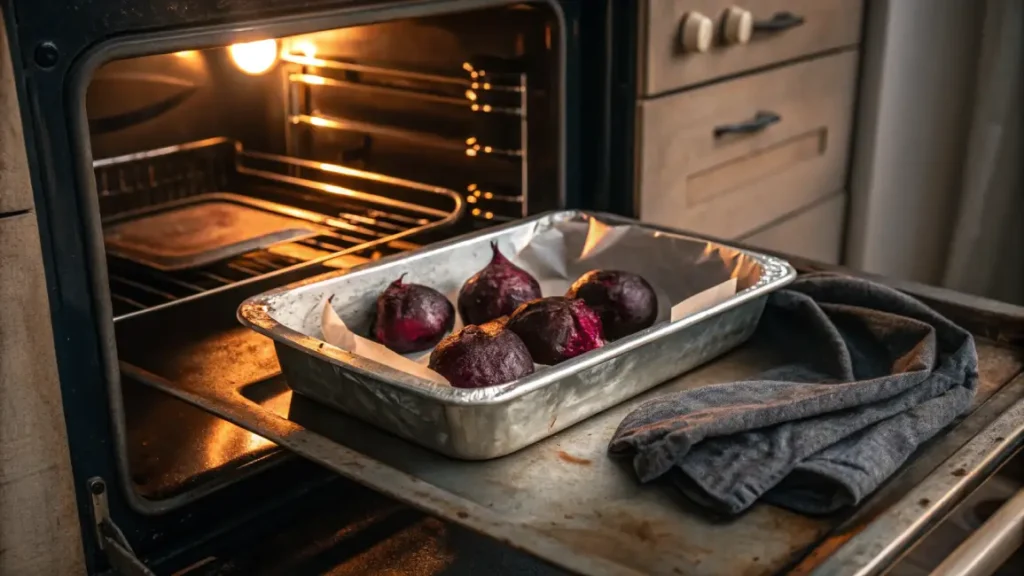 Roasting whole beets in foil inside an oven for Moroccan beet salad