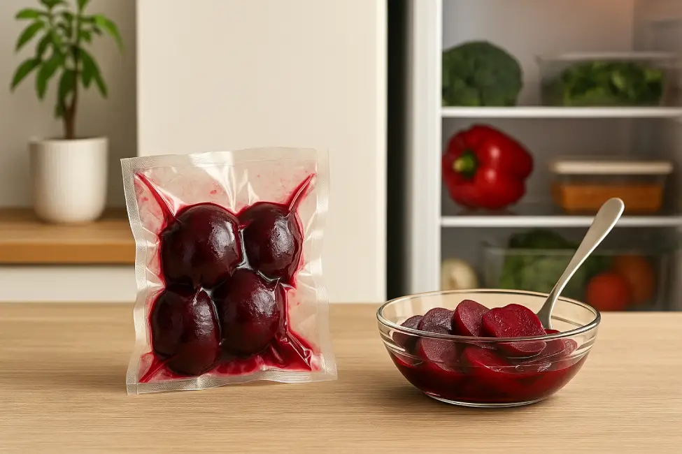 Vacuum-sealed pre-cooked beets beside a glass bowl of sliced beets prepared for Moroccan beet salad