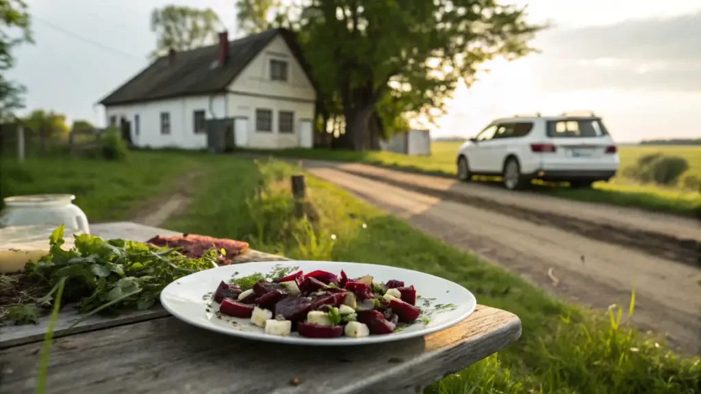 Moroccan beet salad. Plate of beet salad on a wooden table outdoors with a countryside house in the background.
