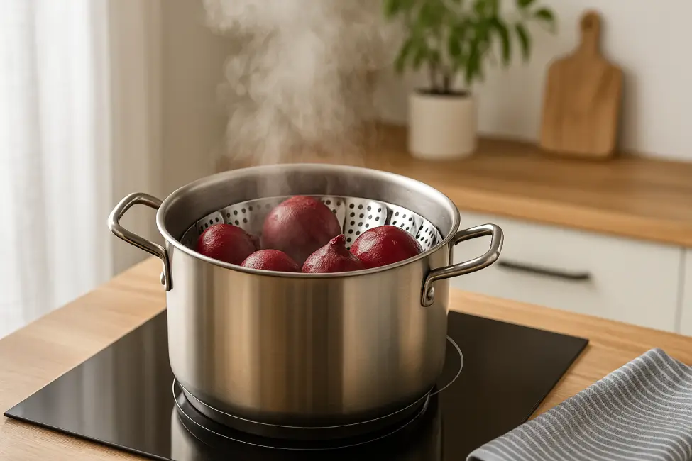 Whole beets steaming in a stainless steel pot on an induction cooktop, prepared for Moroccan beet salad