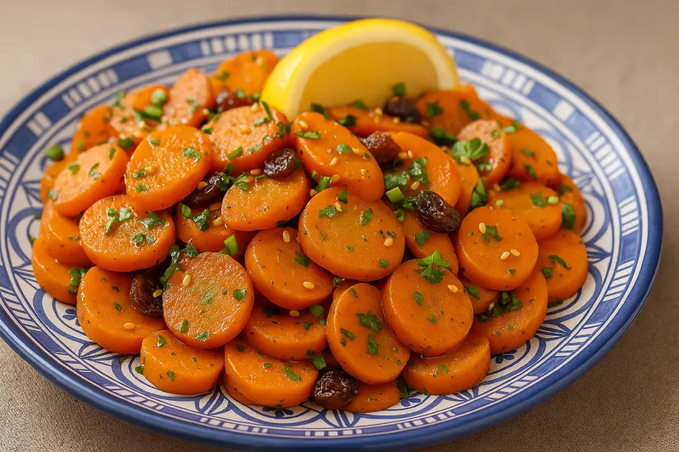 Moroccan carrot salad served with lemon wedges, herbs, and warm spices on a traditional ceramic plate