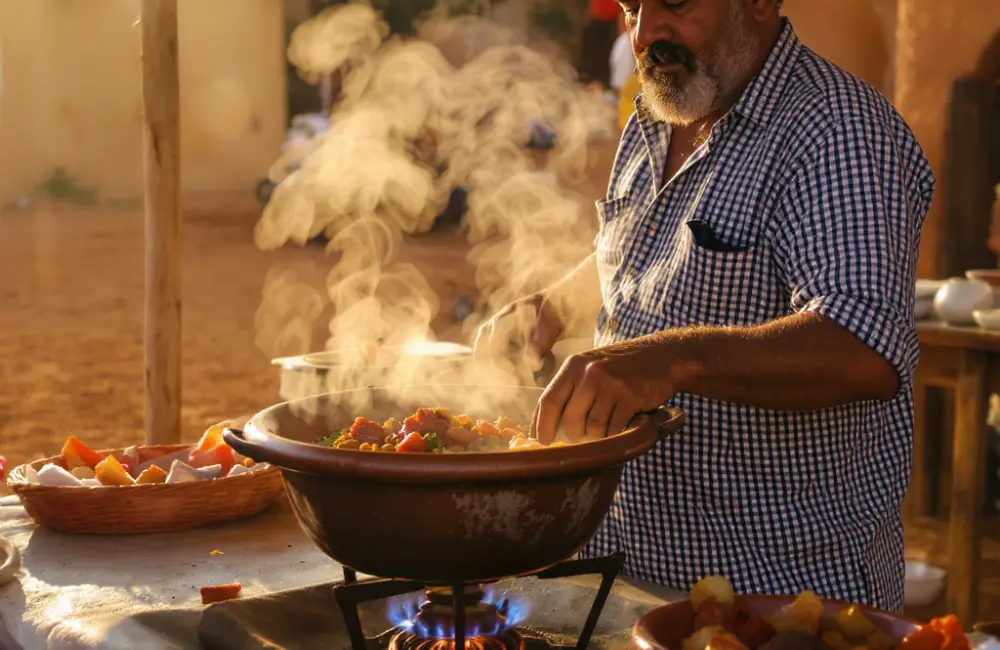 A Moroccan cook with a beard prepares an authentic Moroccan tagine recipe in a clay pot over a gas burner, outdoors during the golden hour.