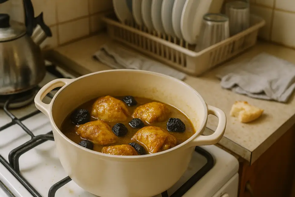 An open Dutch oven on a stovetop, showing golden chicken thighs simmering in a rich broth with dark, plump prunes.