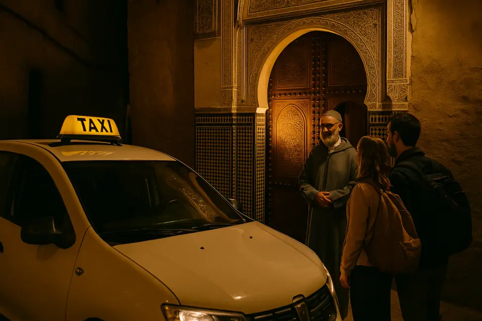 Mrouzia recipe. At night in the old medina of Fès, a white taxi with its light on is parked in front of a beautifully decorated Riad door where the owner in a grey djellaba welcomes two tourists