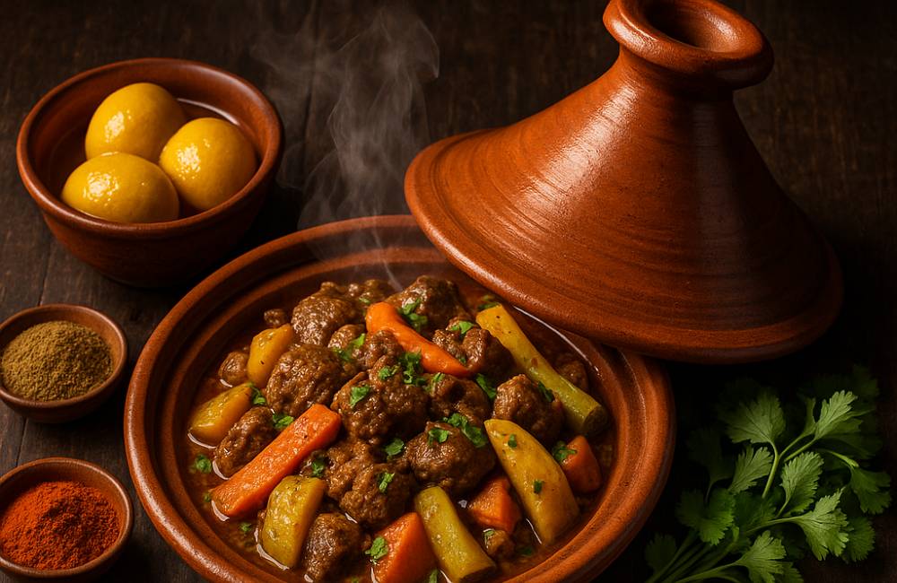 An authentic Moroccan tagine recipe presented in a traditional clay pot, surrounded by fresh ingredients like preserved lemons, olives, and spices.