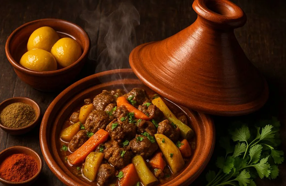An authentic Moroccan tagine recipe presented in a traditional clay pot, surrounded by fresh ingredients like preserved lemons, olives, and spices.