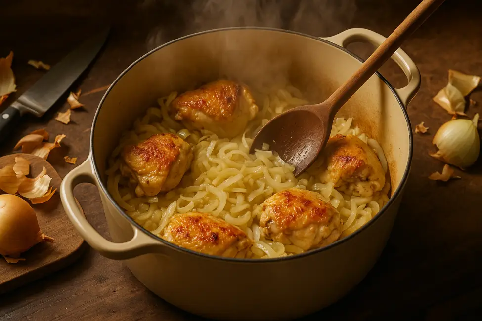 Golden-brown seared chicken thighs simmering with soft sliced onions in a Dutch oven, creating the flavor base for a chicken tagine.