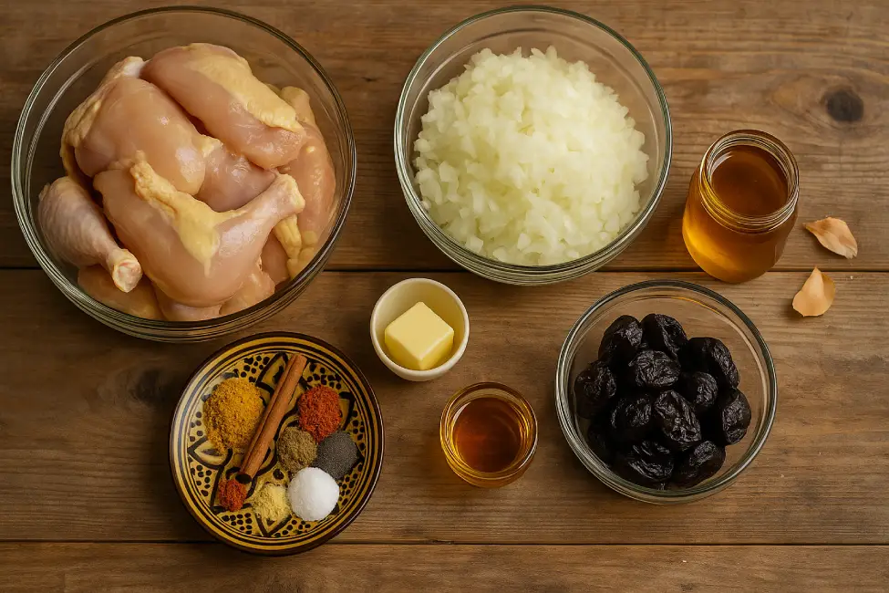 Prepped ingredients for a chicken tagine: raw chicken, onions, prunes, and spices.