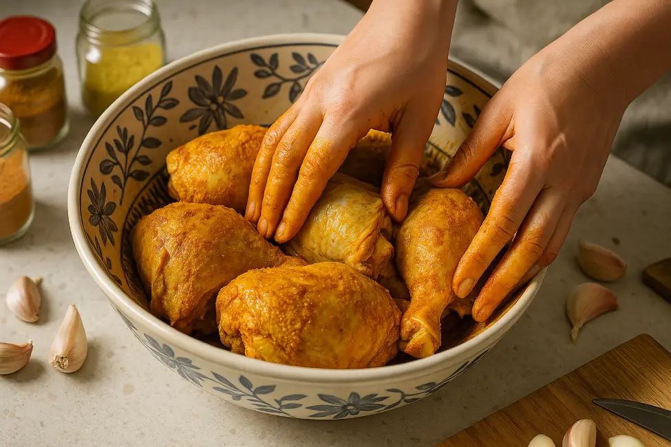 Hands massaging a yellow Moroccan spice rub onto raw chicken thighs in a decorative bowl for a chicken tagine.