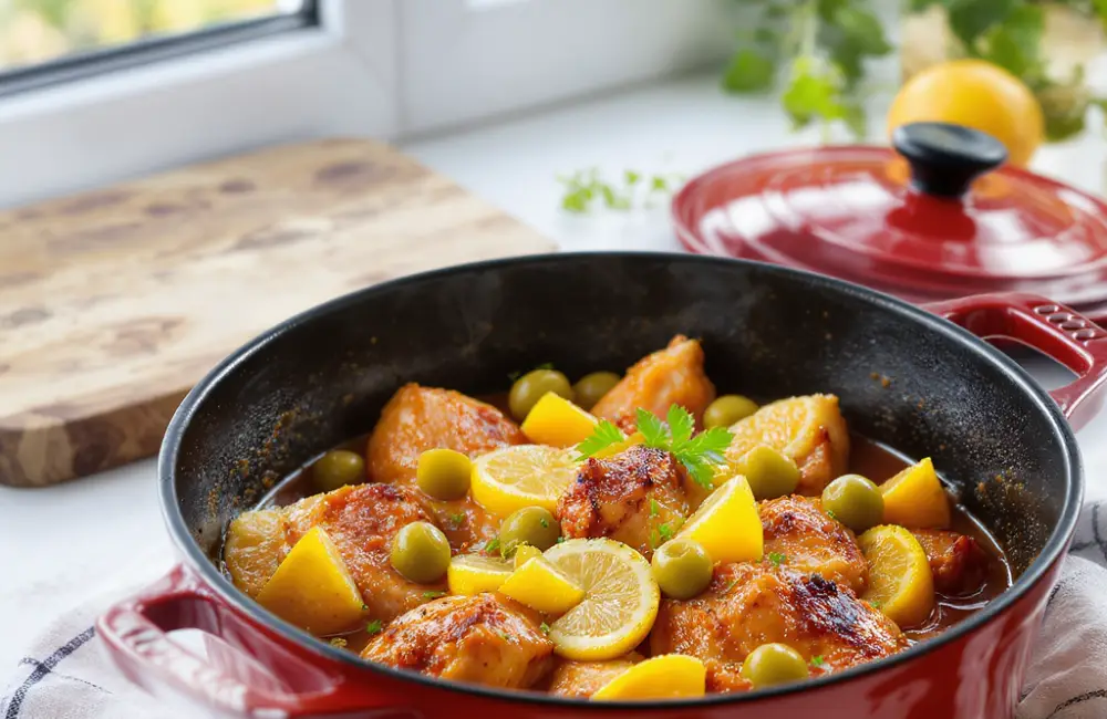 A Moroccan tagine recipe with chicken, green olives, and lemons cooked and served in a modern red cast-iron Dutch oven in a bright kitchen.