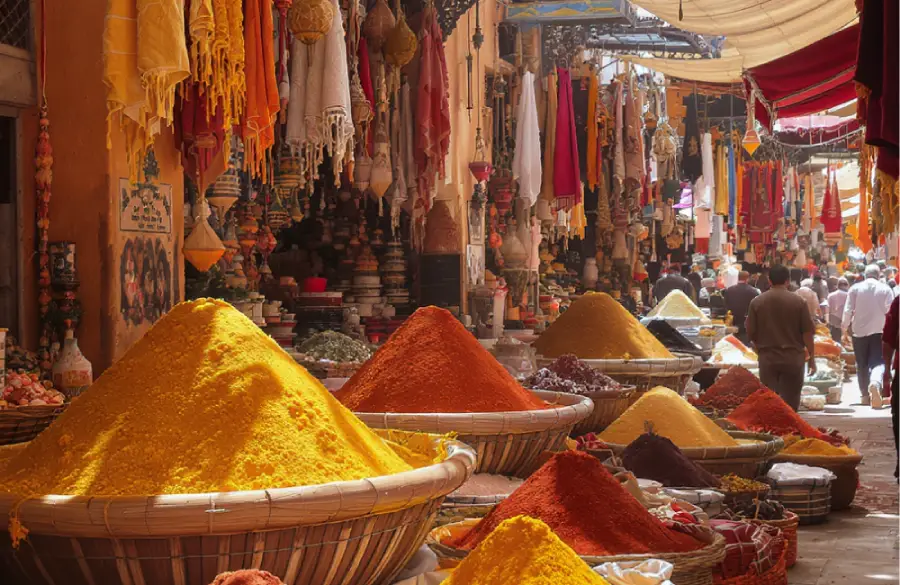 Vibrant pyramids of spices like turmeric and paprika at a bustling Moroccan market, essential for an authentic Moroccan tagine recipe.