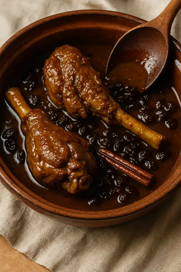 Cooked lamb shanks coated in thick sauce with raisins and cinnamon – final presentation of Mrouzia recipe