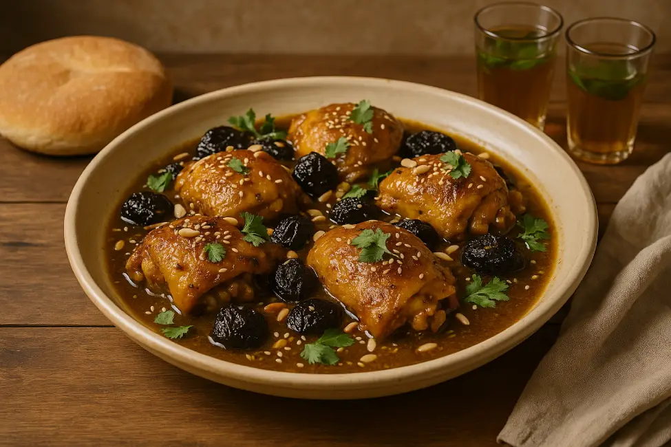 A finished platter of chicken tagine with prunes, ready to serve with bread.