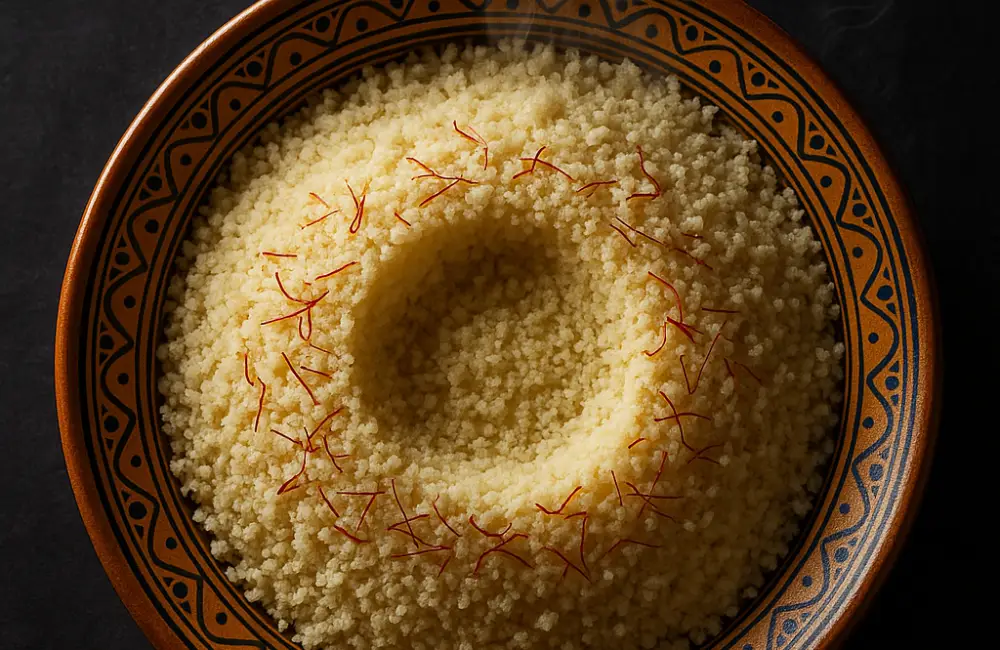 A large platter of perfectly fluffy couscous, with a well in the center for the sauce of a Moroccan tagine recipe, garnished with visible saffron threads.