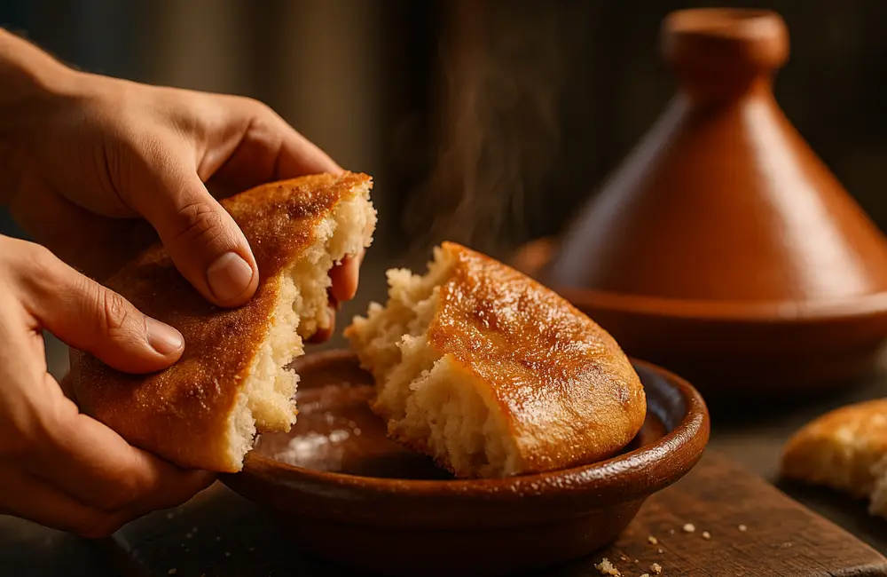 Hands tearing a loaf of crusty Moroccan Khobz bread, the perfect side for dipping into the sauce of a Moroccan tagine recipe.