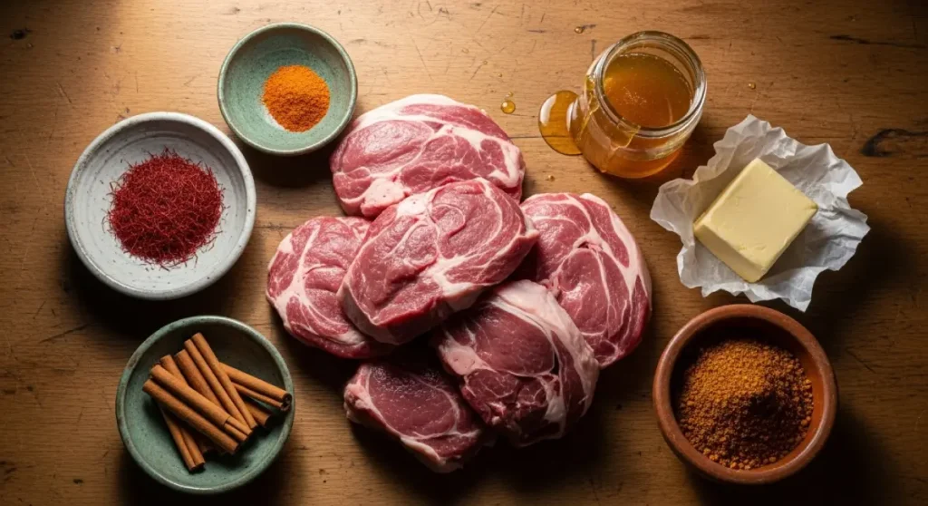 Mrouzia recipe. Overhead view of raw lamb cubes with spices, honey, clarified butter, raisins, and khobz bread on a wooden table