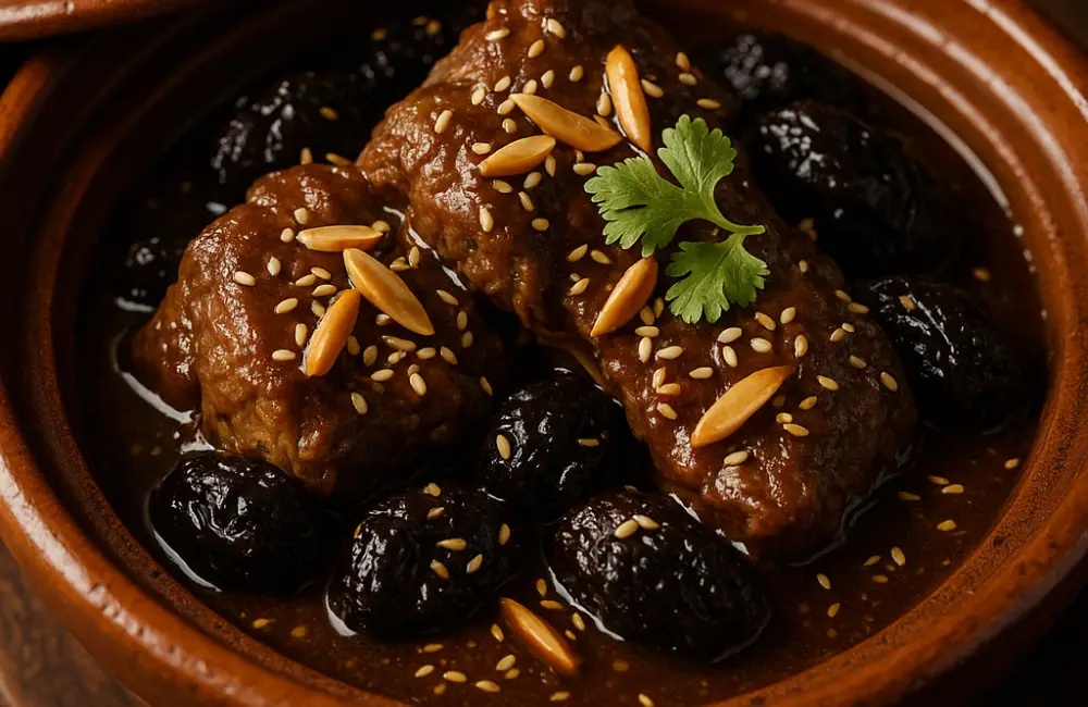 A close-up of a sweet and savory lamb and prune tagine, a classic Moroccan tagine recipe, served in a clay pot and garnished with toasted almonds.